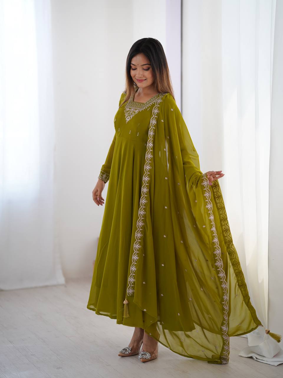 Mehendi Premium Soft Fox Georgette Fully Flared Anarkali Set with Dupatta & Pant