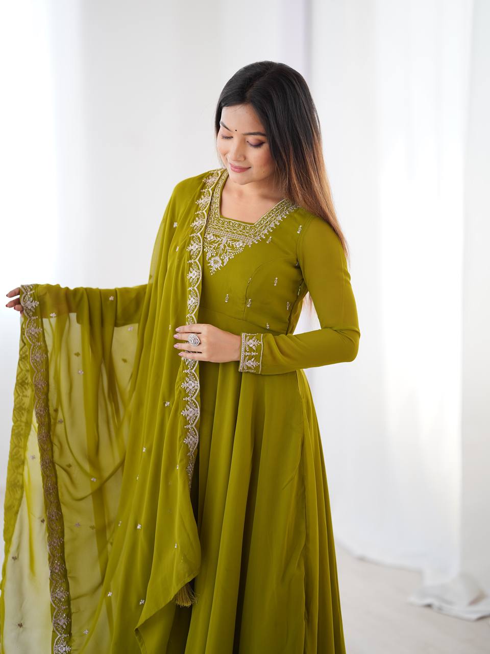 Mehendi Premium Soft Fox Georgette Fully Flared Anarkali Set with Dupatta & Pant