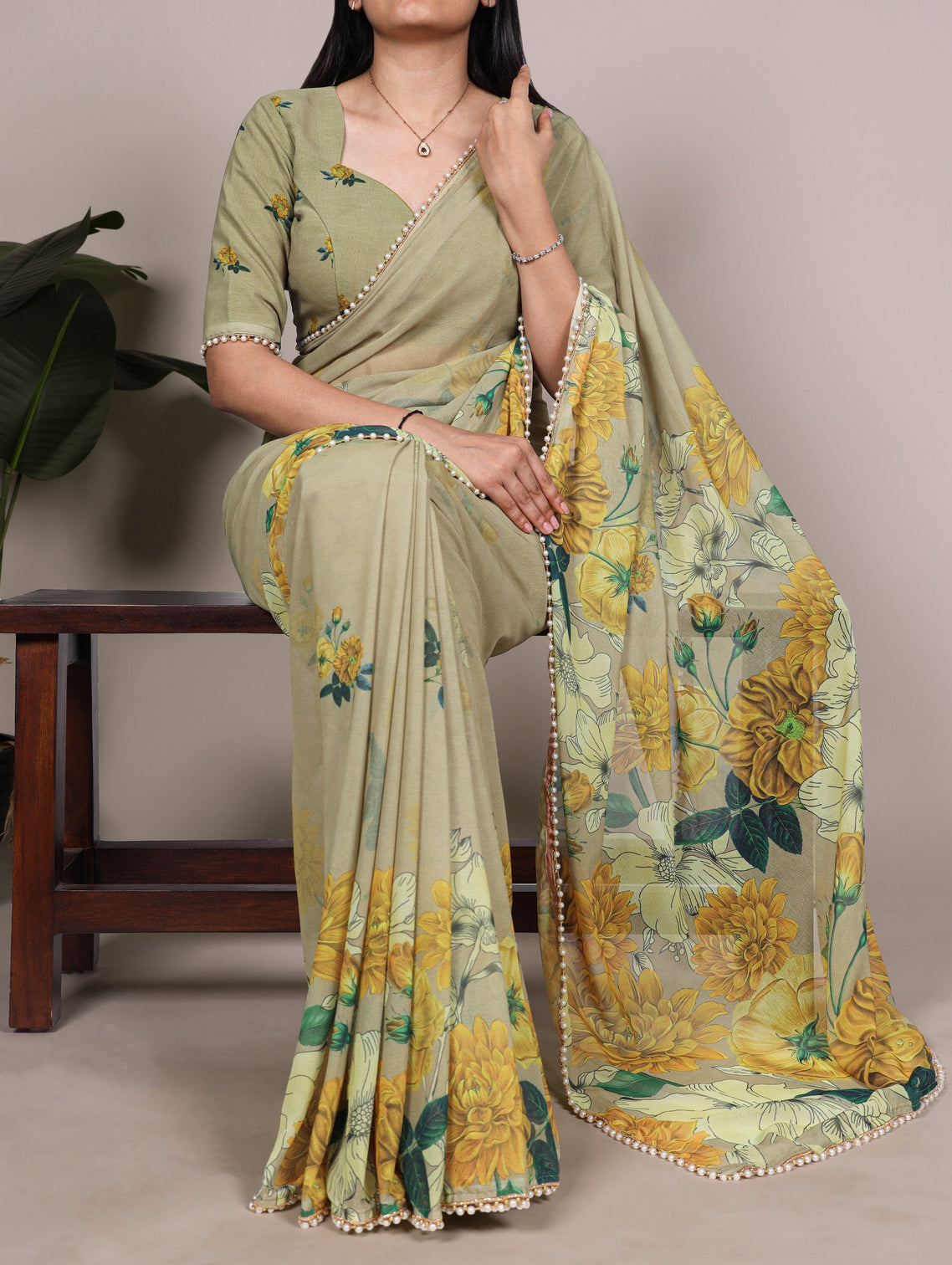 Mehendi Printed Pearl Lace Saree