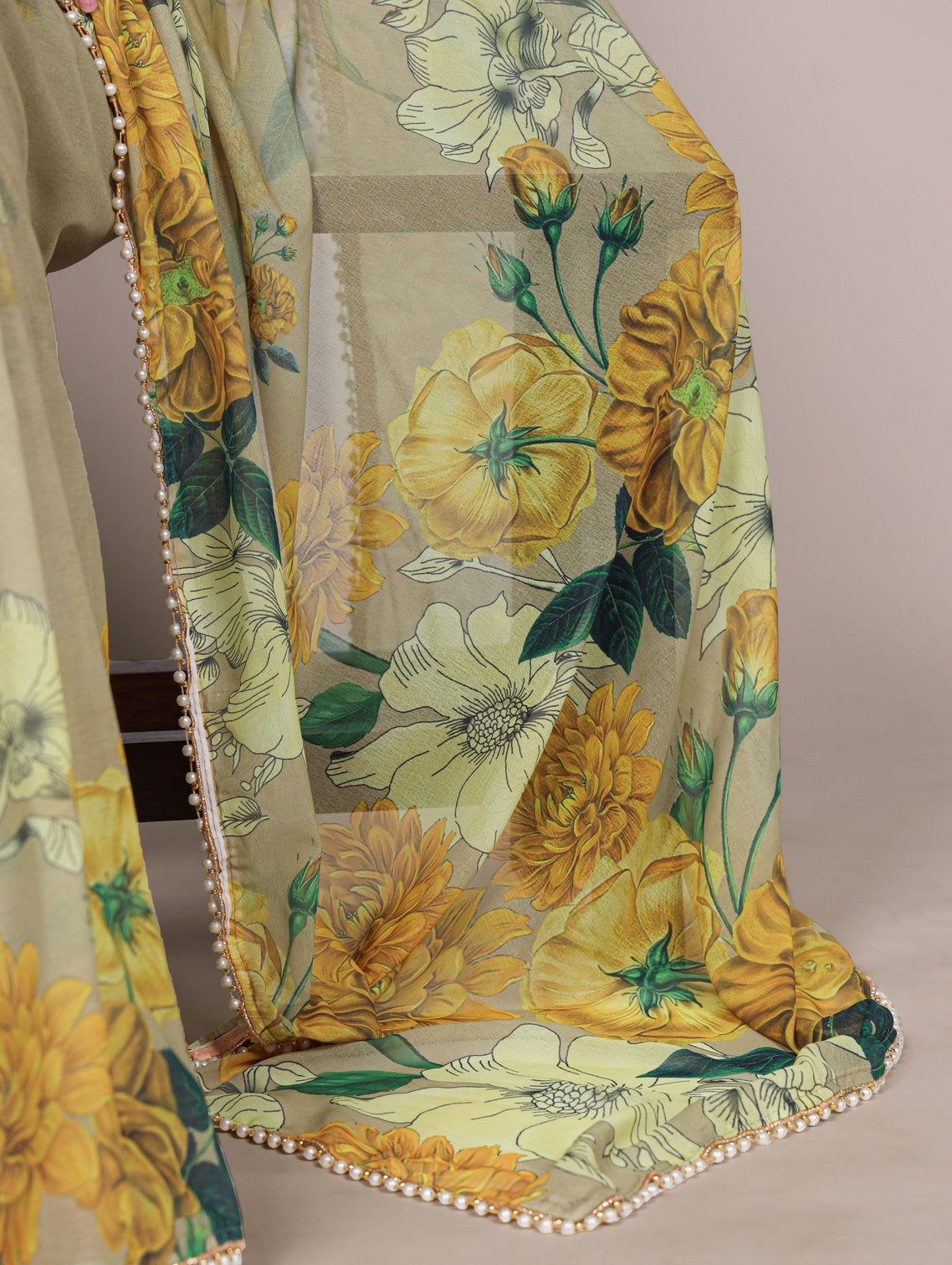 Mehendi Printed Pearl Lace Saree
