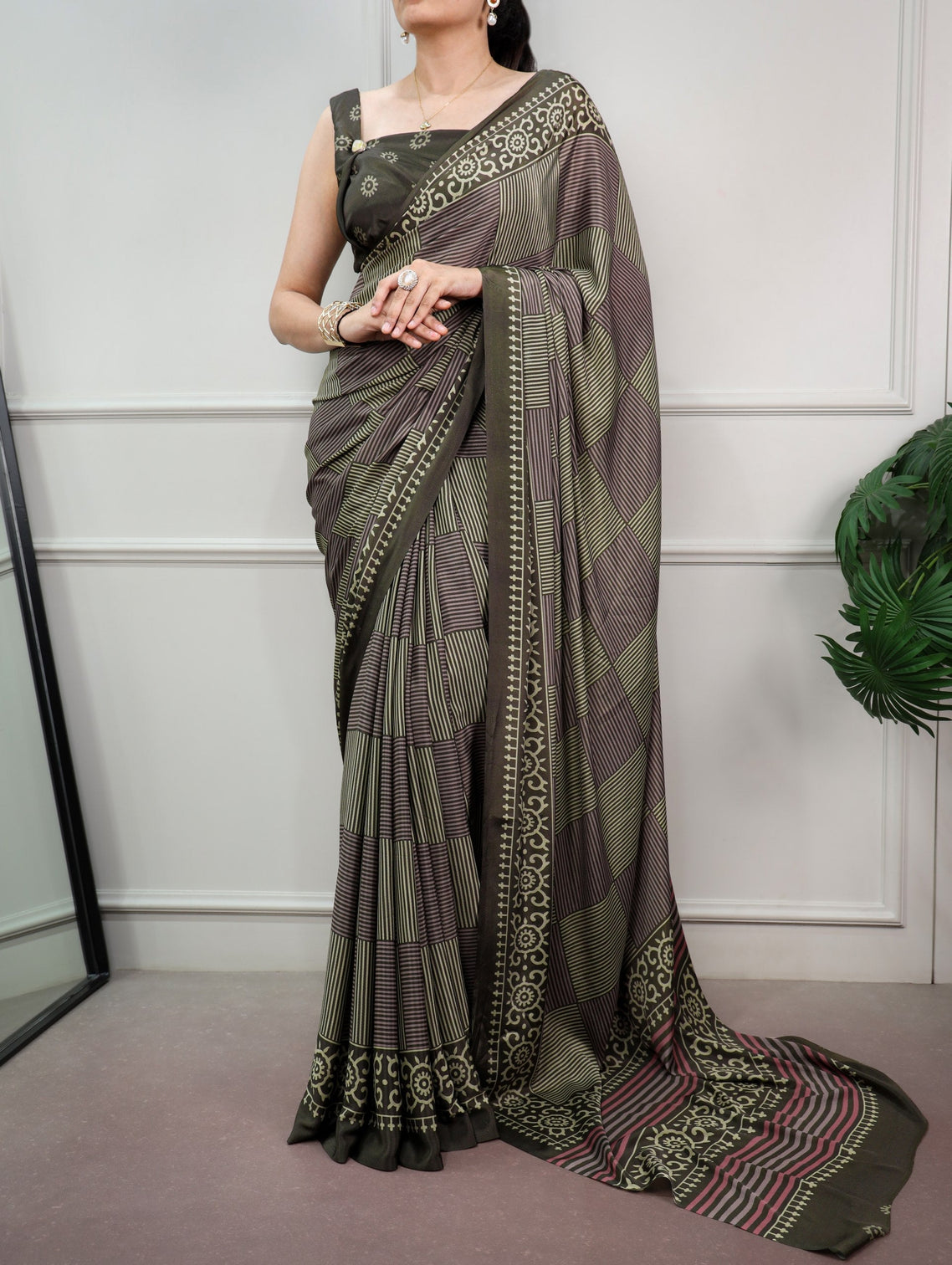 Mehendi Printed Satin Silk Saree