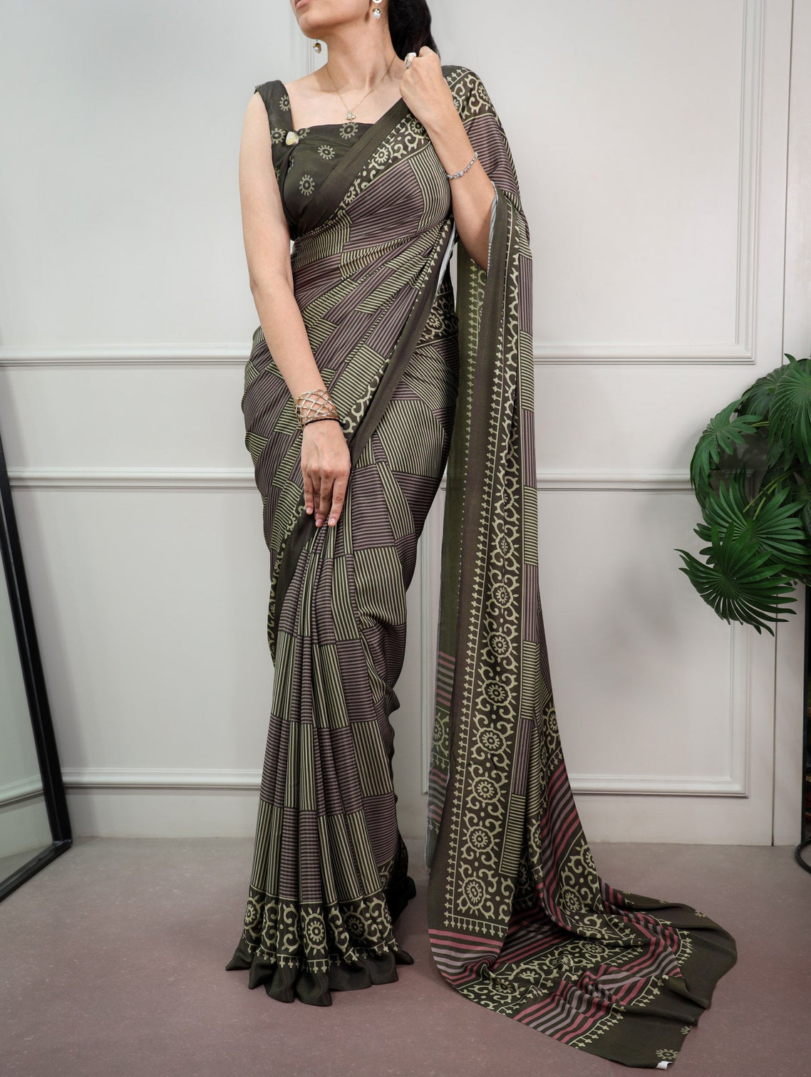 Mehendi Printed Satin Silk Saree