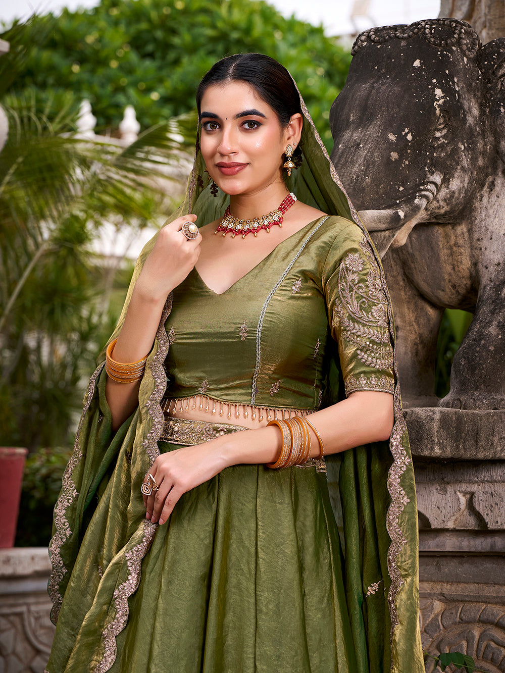 Mehandi green fendi sequins thread embroidered lehenga choli with dupatta