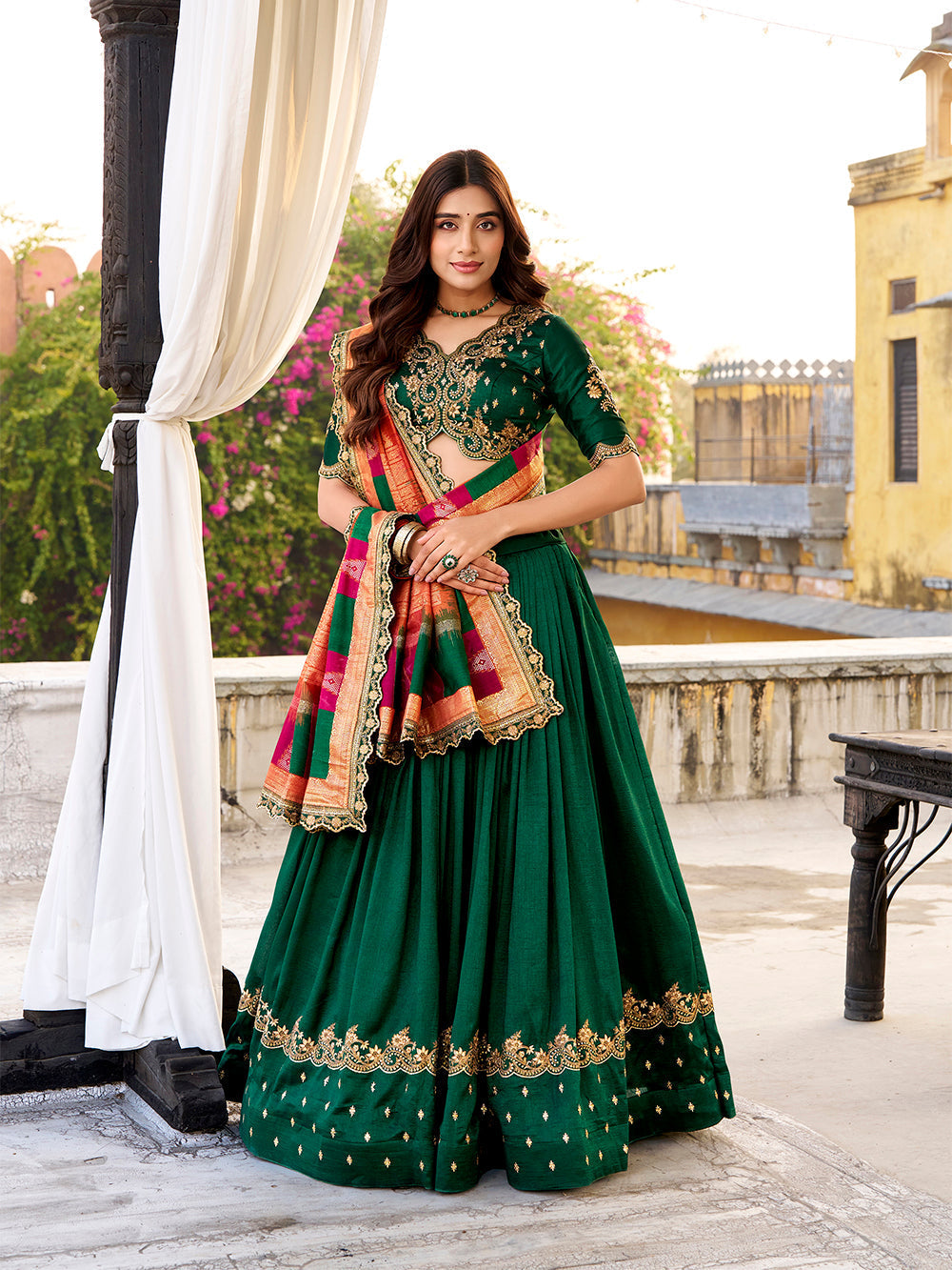 Green designer vichitra silk lehenga choli with sequins thread embroidery