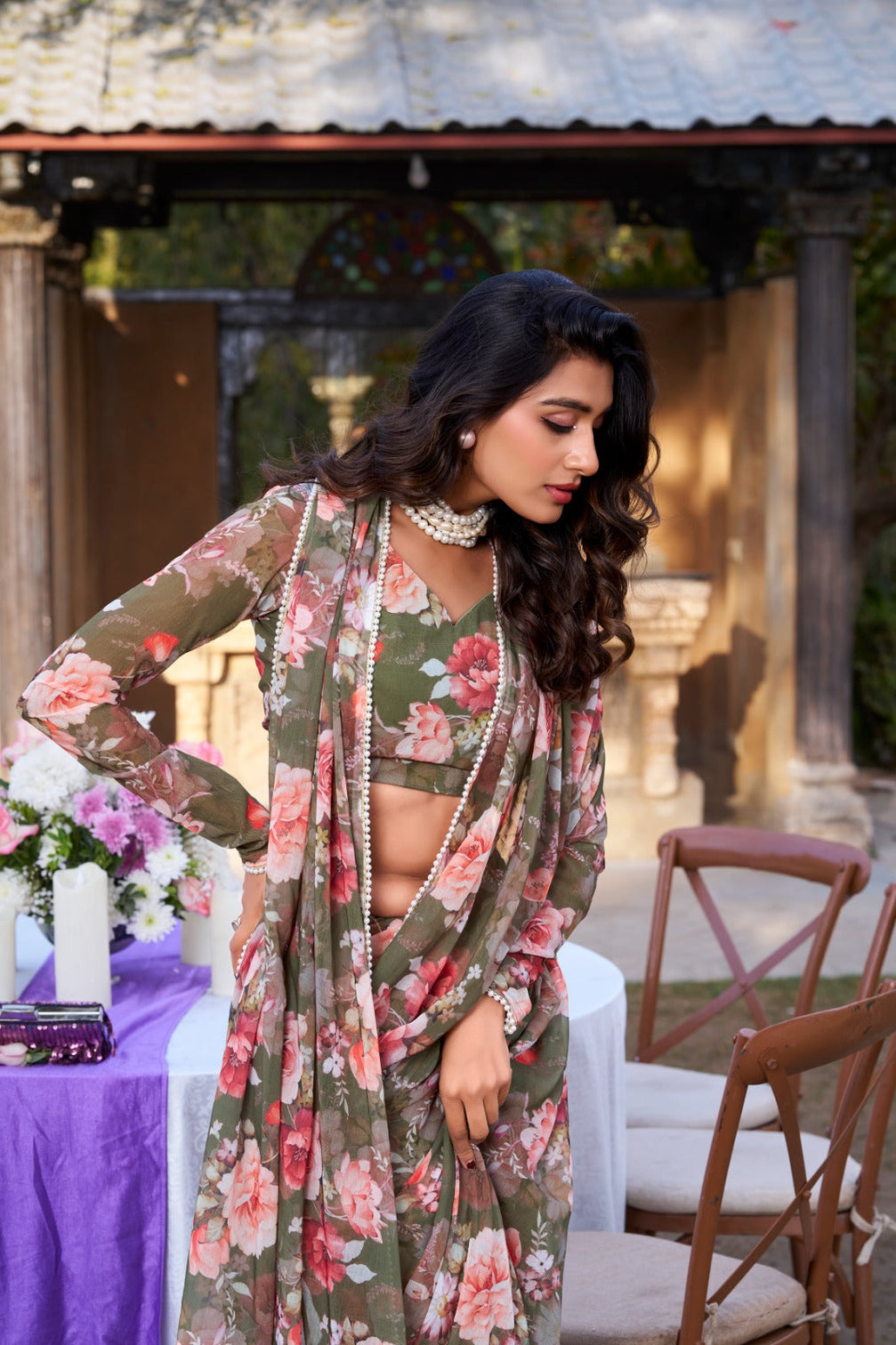 Mehendi Refined Beauty Weightless Marble Printed Saree with Pearl Lace Border