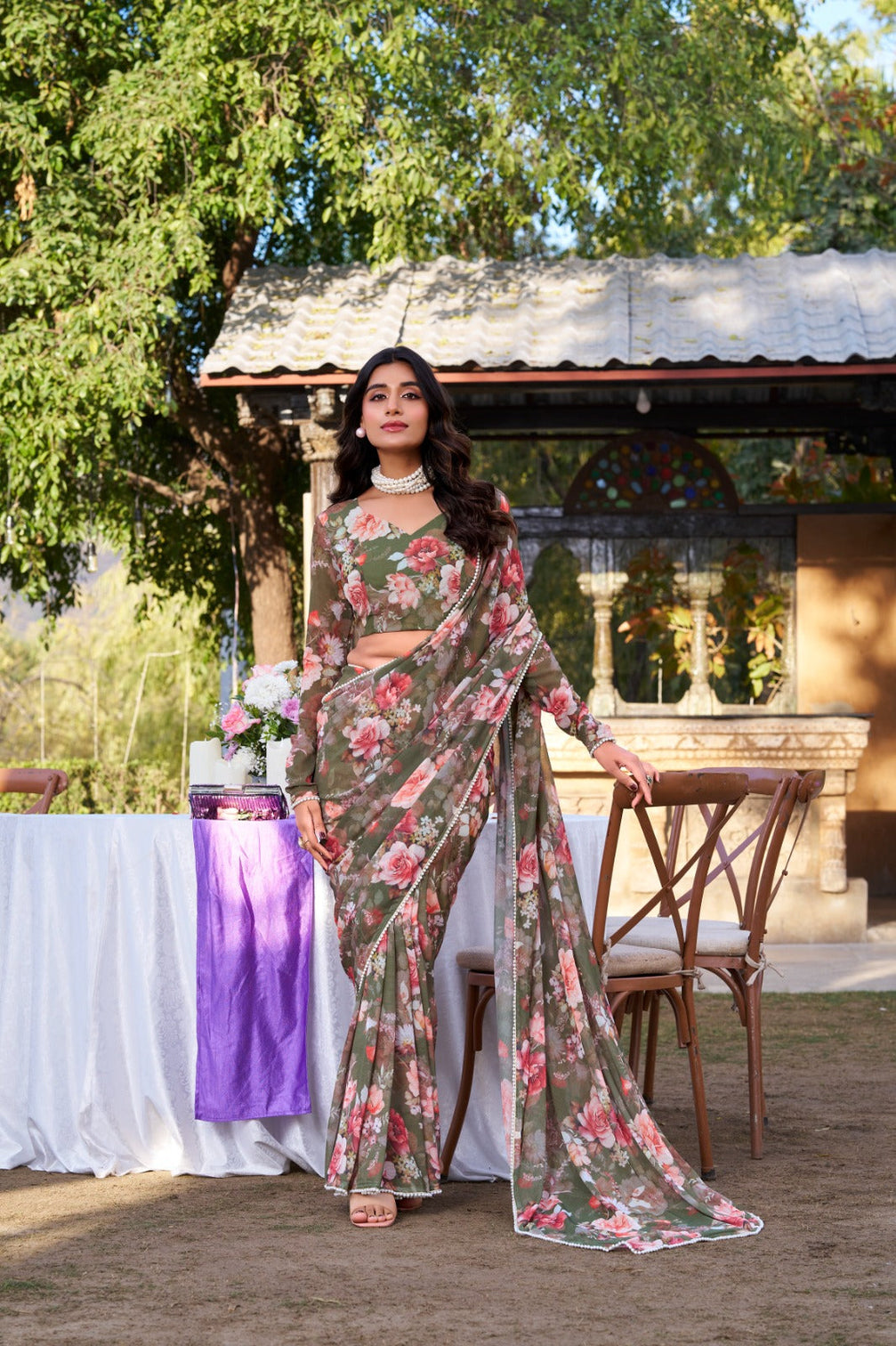 Mehendi Refined Beauty Weightless Marble Printed Saree with Pearl Lace Border