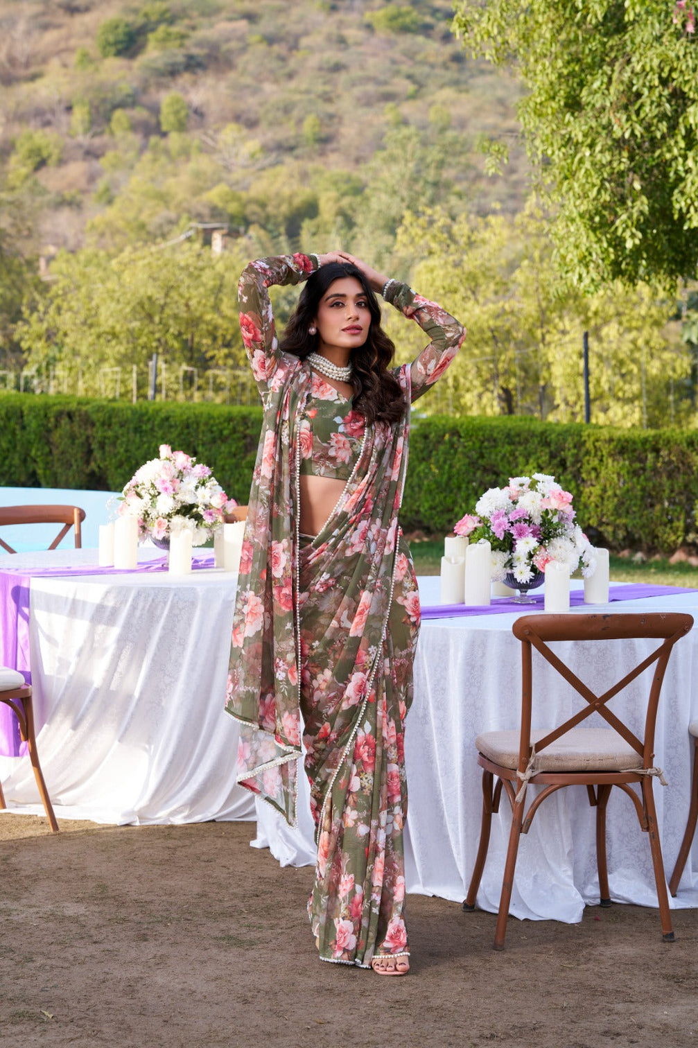 Mehendi Refined Beauty Weightless Marble Printed Saree with Pearl Lace Border