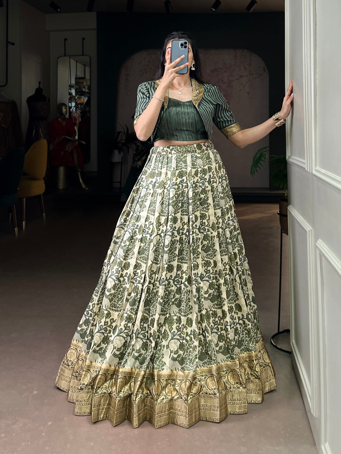 Mehendi Tasar Silk Printed Lehenga Choli Set