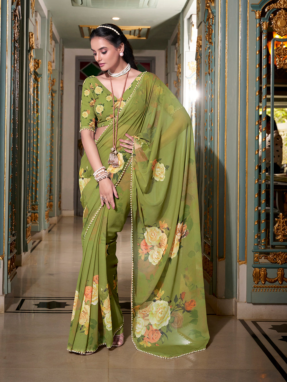 Mehendi green georgette plain saree with printed pearl lace border