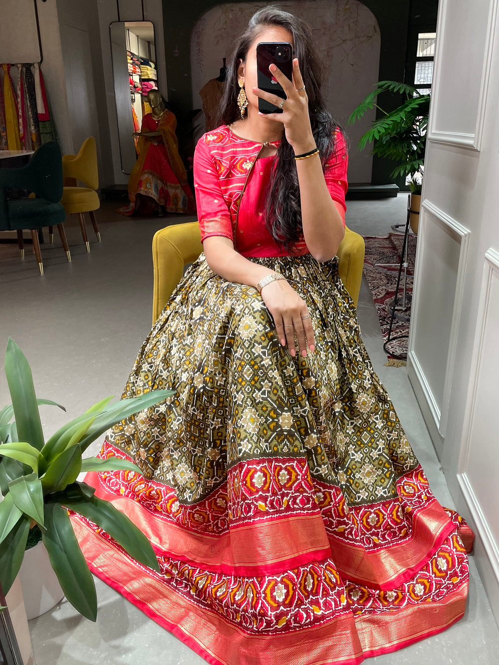 Mehndi Color Patola Printed And Foil Printed Dola Silk Gown