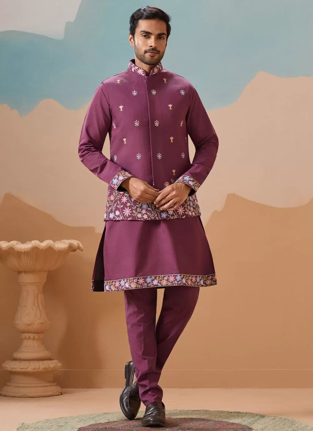 Regal dusty viscose silk men koti kurta pajama set with embroidery