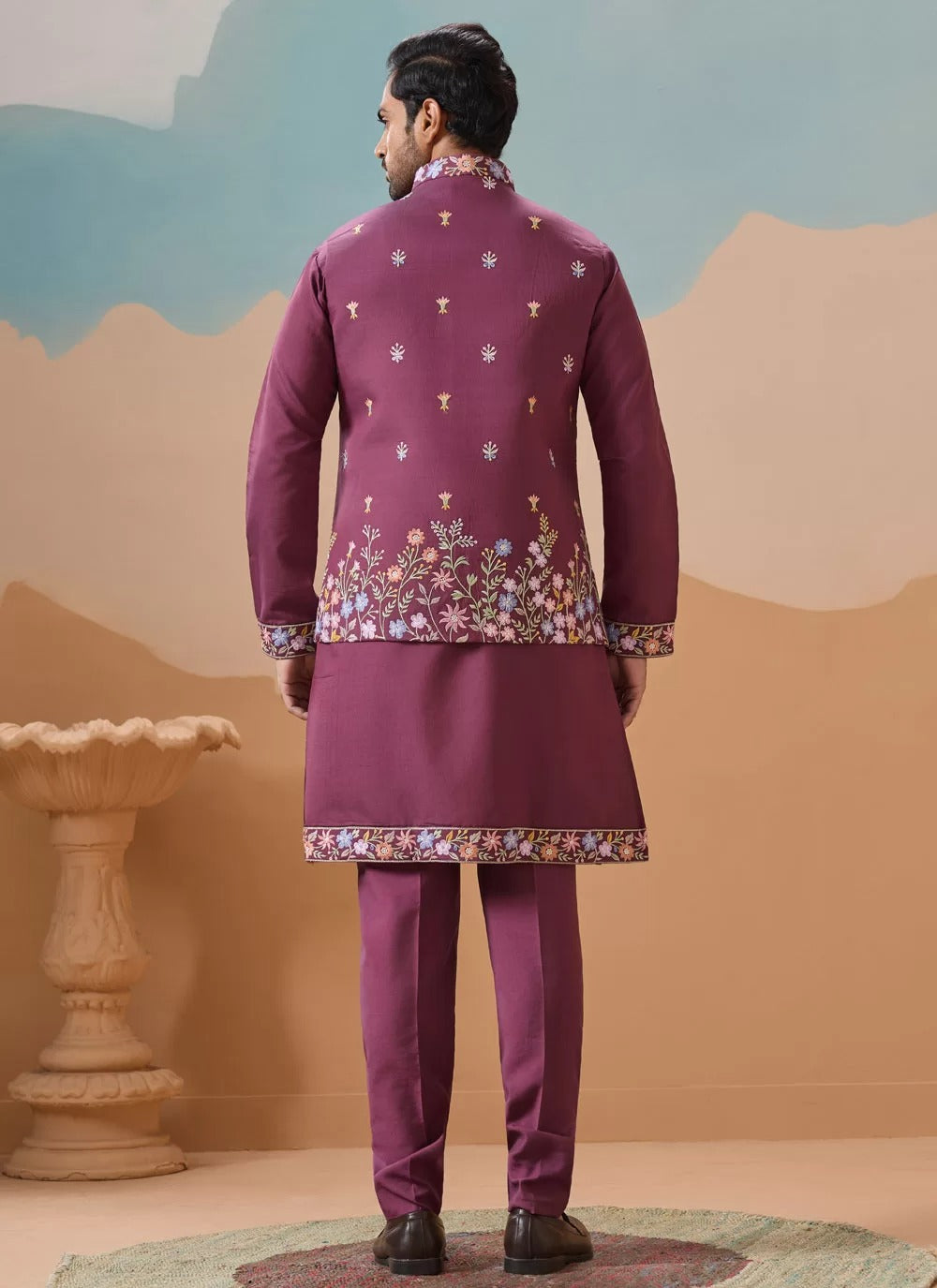 Regal dusty viscose silk men koti kurta pajama set with embroidery