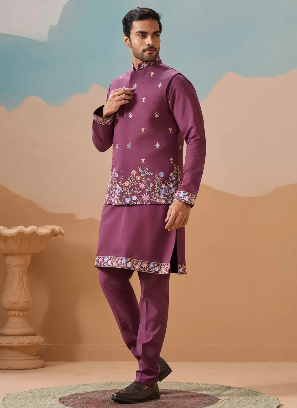 Regal dusty viscose silk men koti kurta pajama set with embroidery