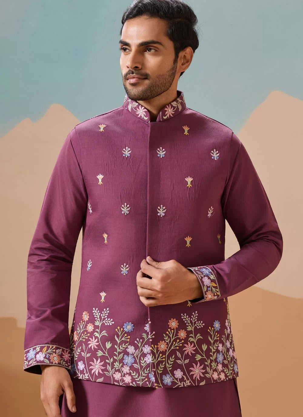 Regal dusty viscose silk men koti kurta pajama set with embroidery