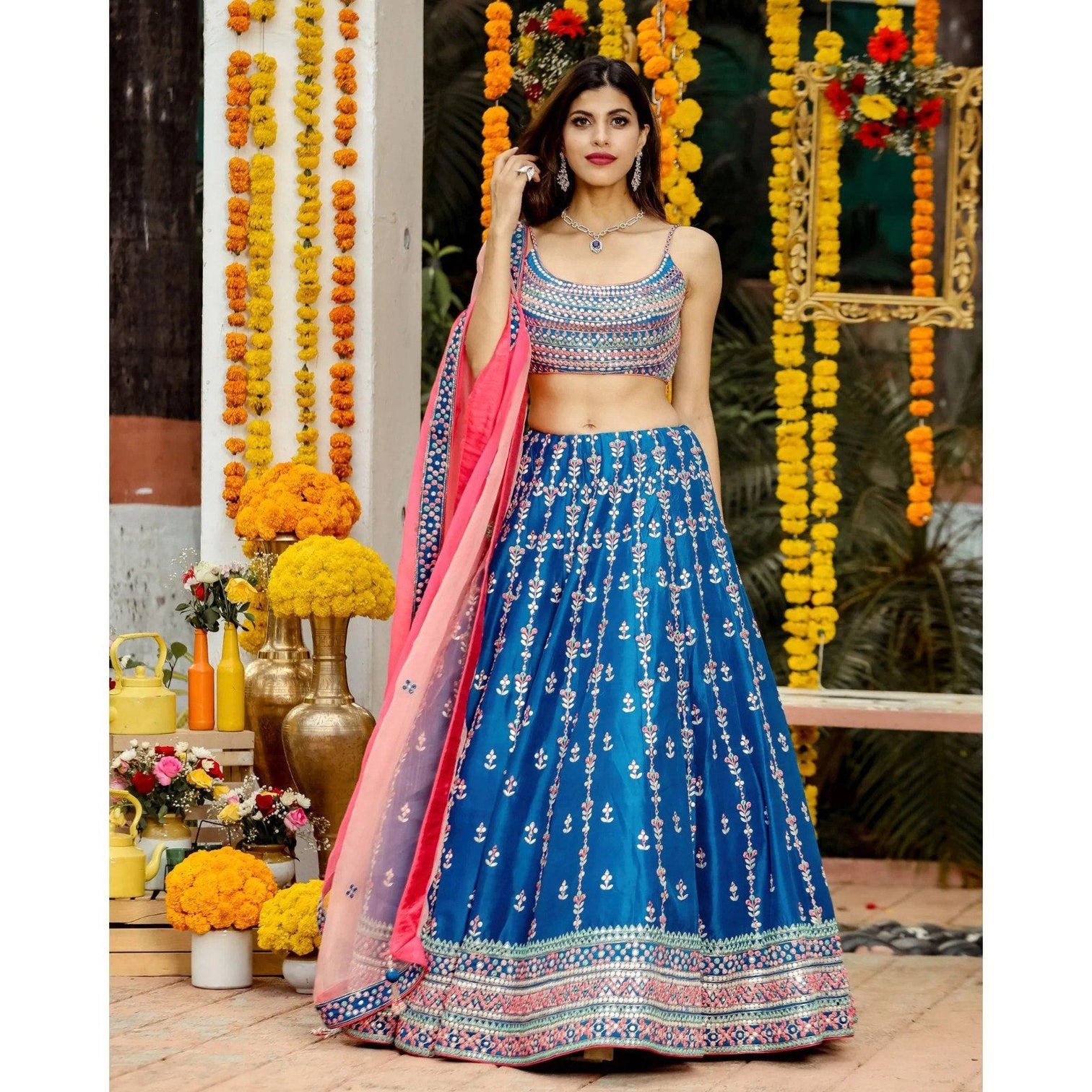 Mesmerizing Blue Lehenga Choli with Multicolor Thread & Sequin Embroidery