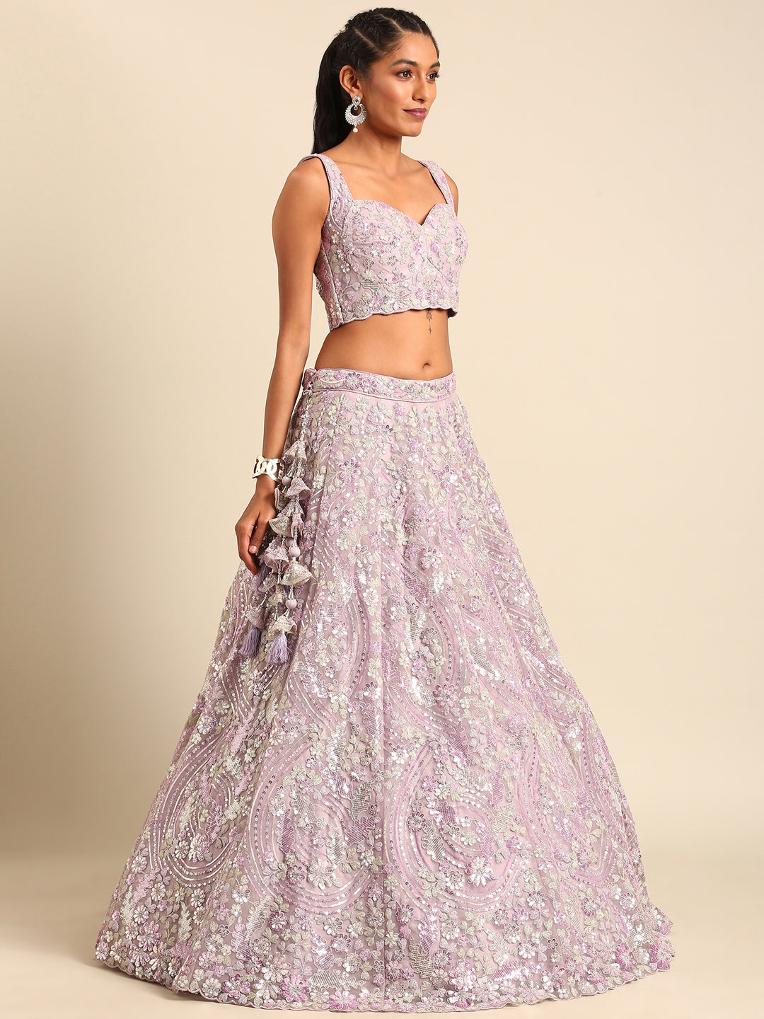 Mesmerizing Lavender Net Lehenga Choli Set with Zari & Sequin Embroidery