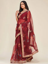 Mesmerizing Maroon Floral Print Work Organza Party Wear Saree