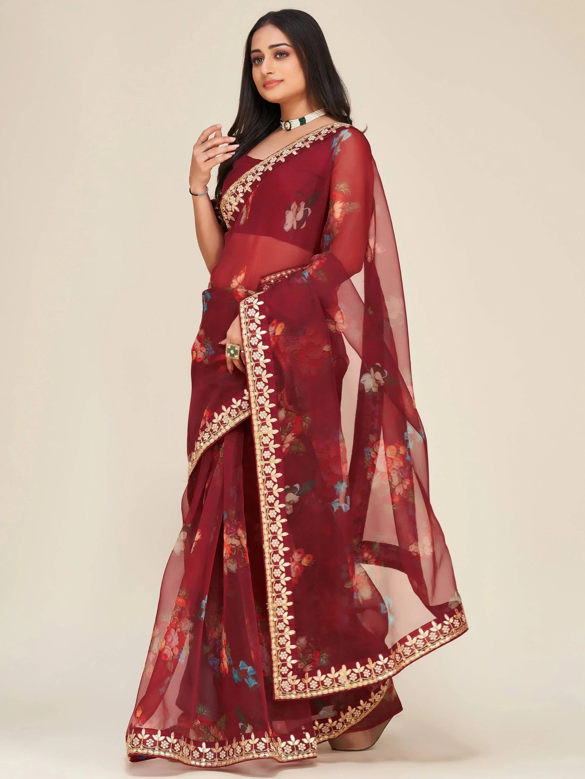 Mesmerizing Maroon Floral Print Work Organza Party Wear Saree
