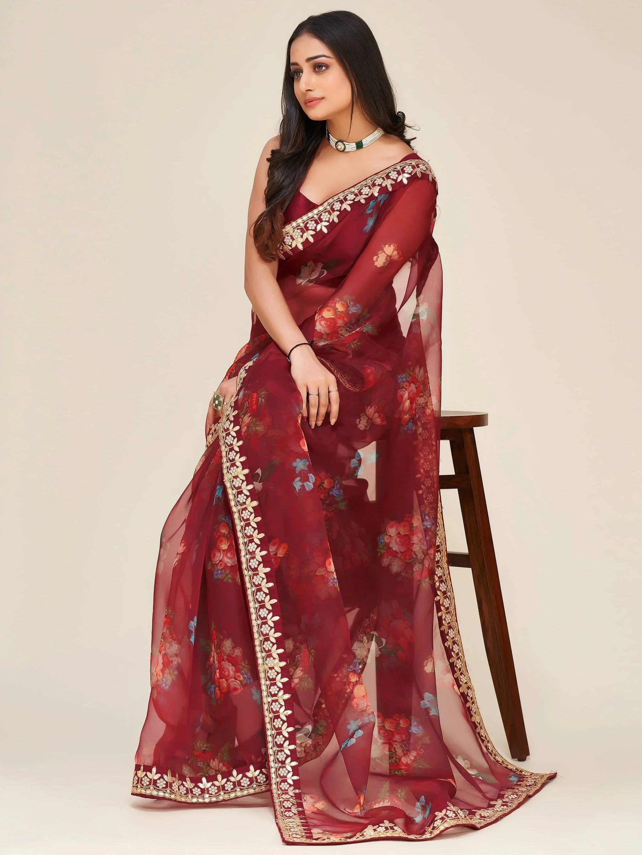 Mesmerizing Maroon Floral Print Work Organza Party Wear Saree