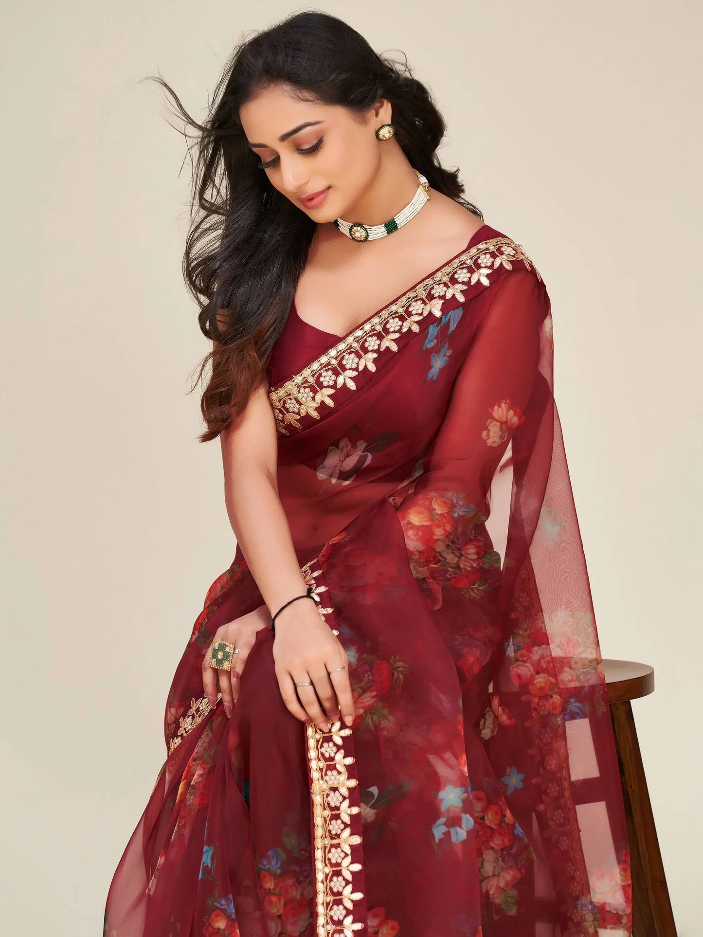 Mesmerizing Maroon Floral Print Work Organza Party Wear Saree