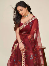 Mesmerizing Maroon Floral Print Work Organza Party Wear Saree