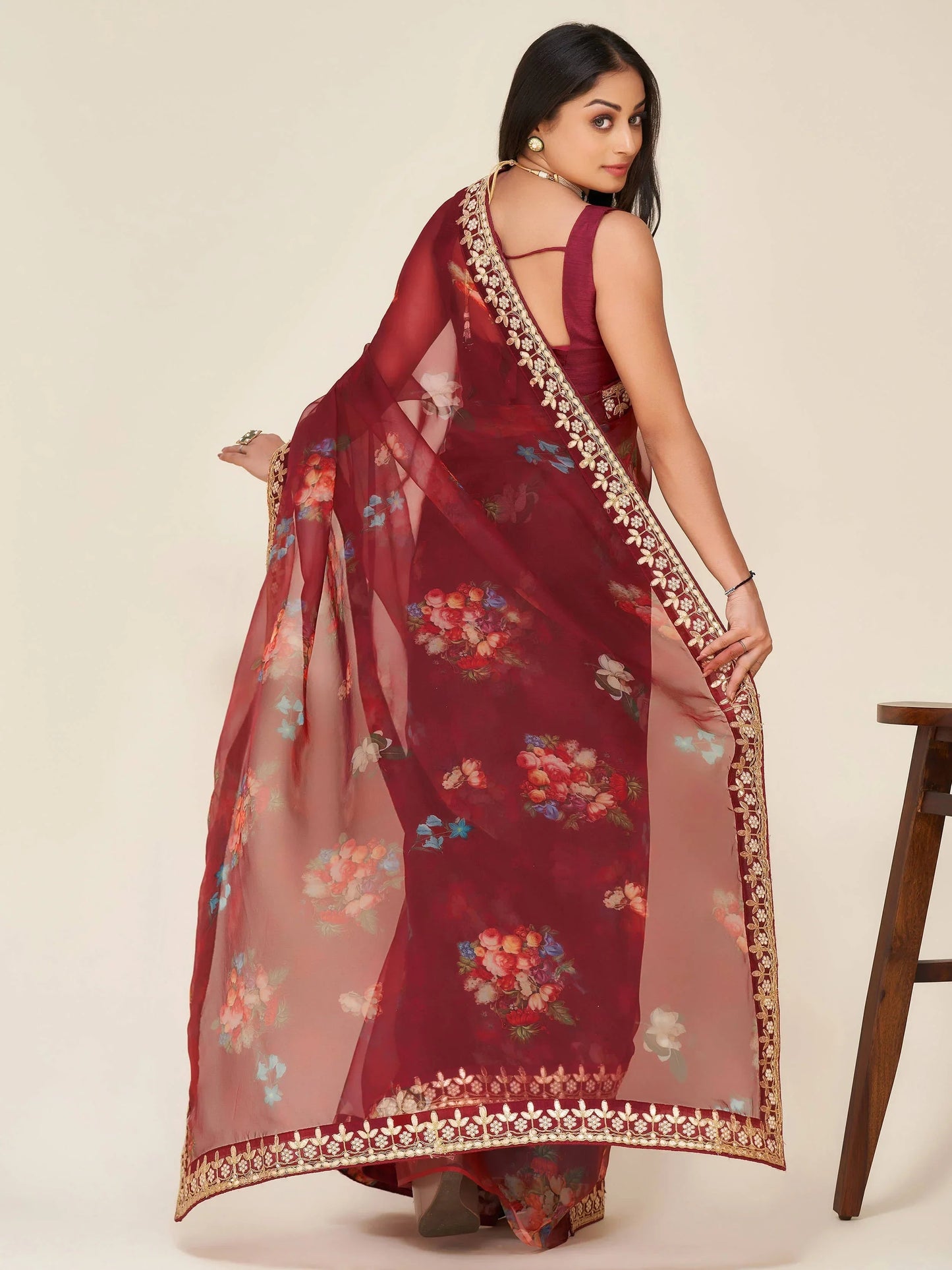 Mesmerizing Maroon Floral Print Work Organza Party Wear Saree
