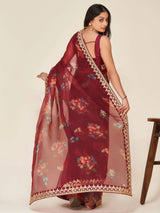 Mesmerizing Maroon Floral Print Work Organza Party Wear Saree
