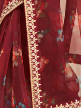 Mesmerizing Maroon Floral Print Work Organza Party Wear Saree