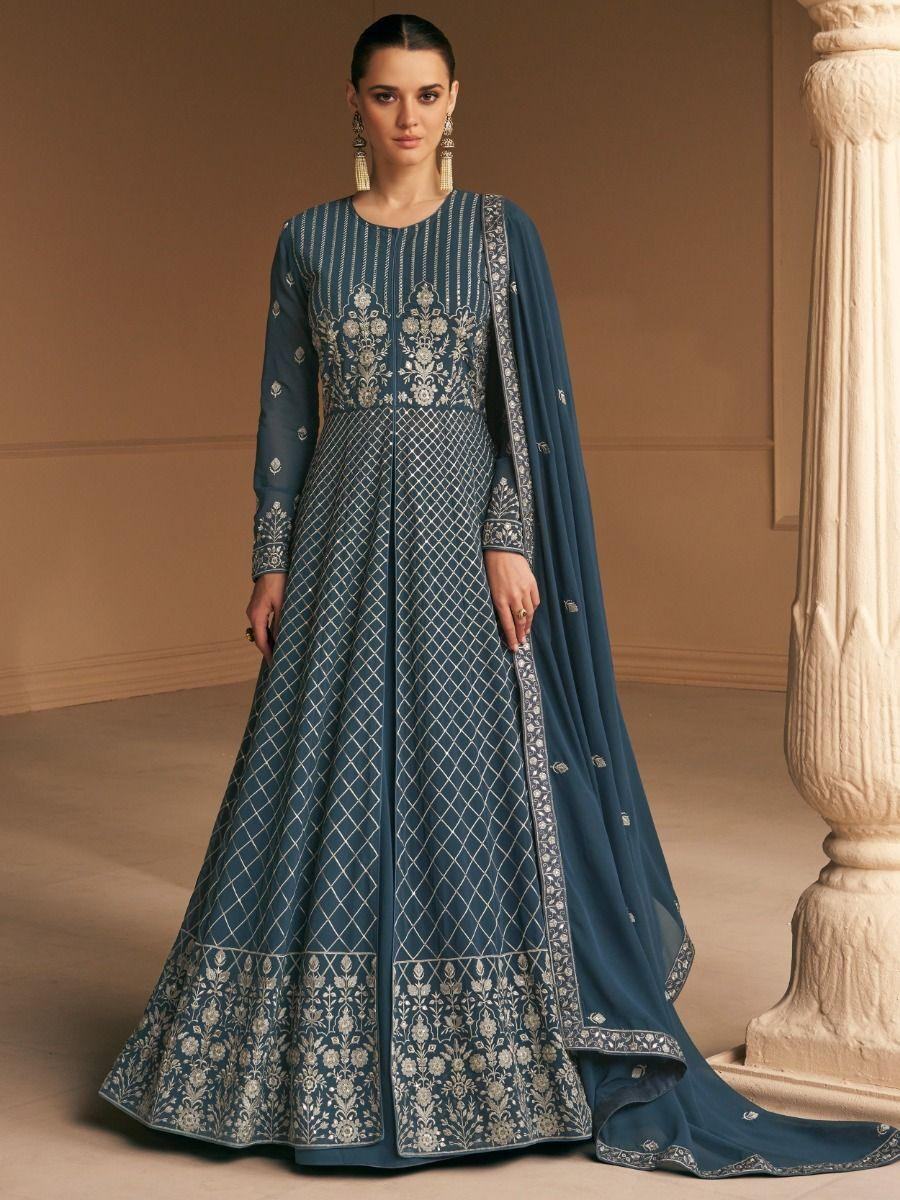Mesmerizing Navy Blue Embroidered Georgette Traditional Gown