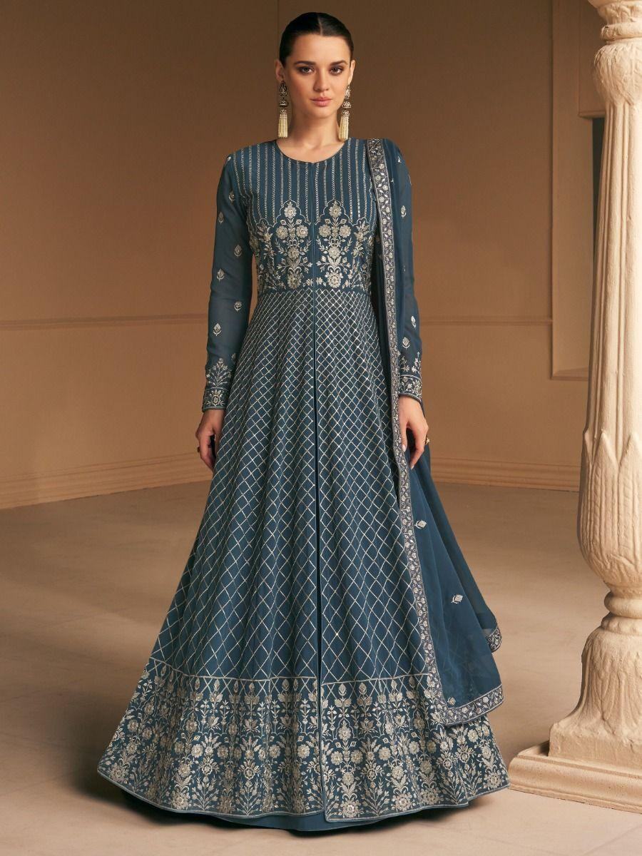 Mesmerizing Navy Blue Embroidered Georgette Traditional Gown