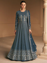Mesmerizing Navy Blue Embroidered Georgette Traditional Gown