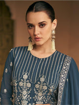 Mesmerizing Navy Blue Embroidered Georgette Traditional Gown