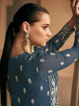 Mesmerizing Navy Blue Embroidered Georgette Traditional Gown
