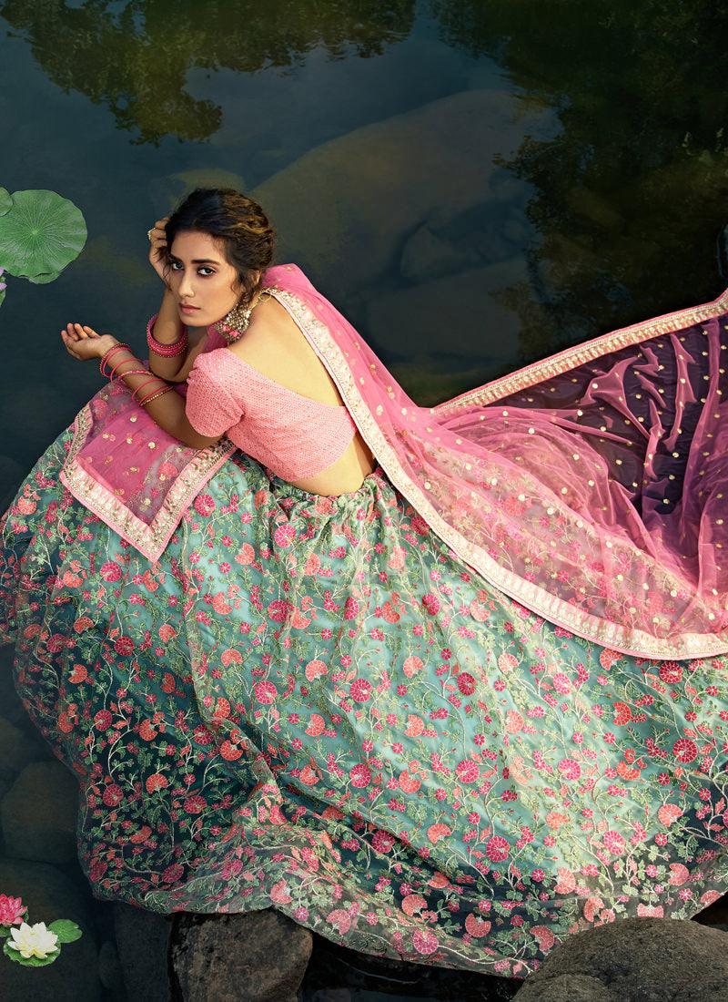 Mesmerizing Sea Green Soft Net Base Embroidered Flared Lehenga Choli