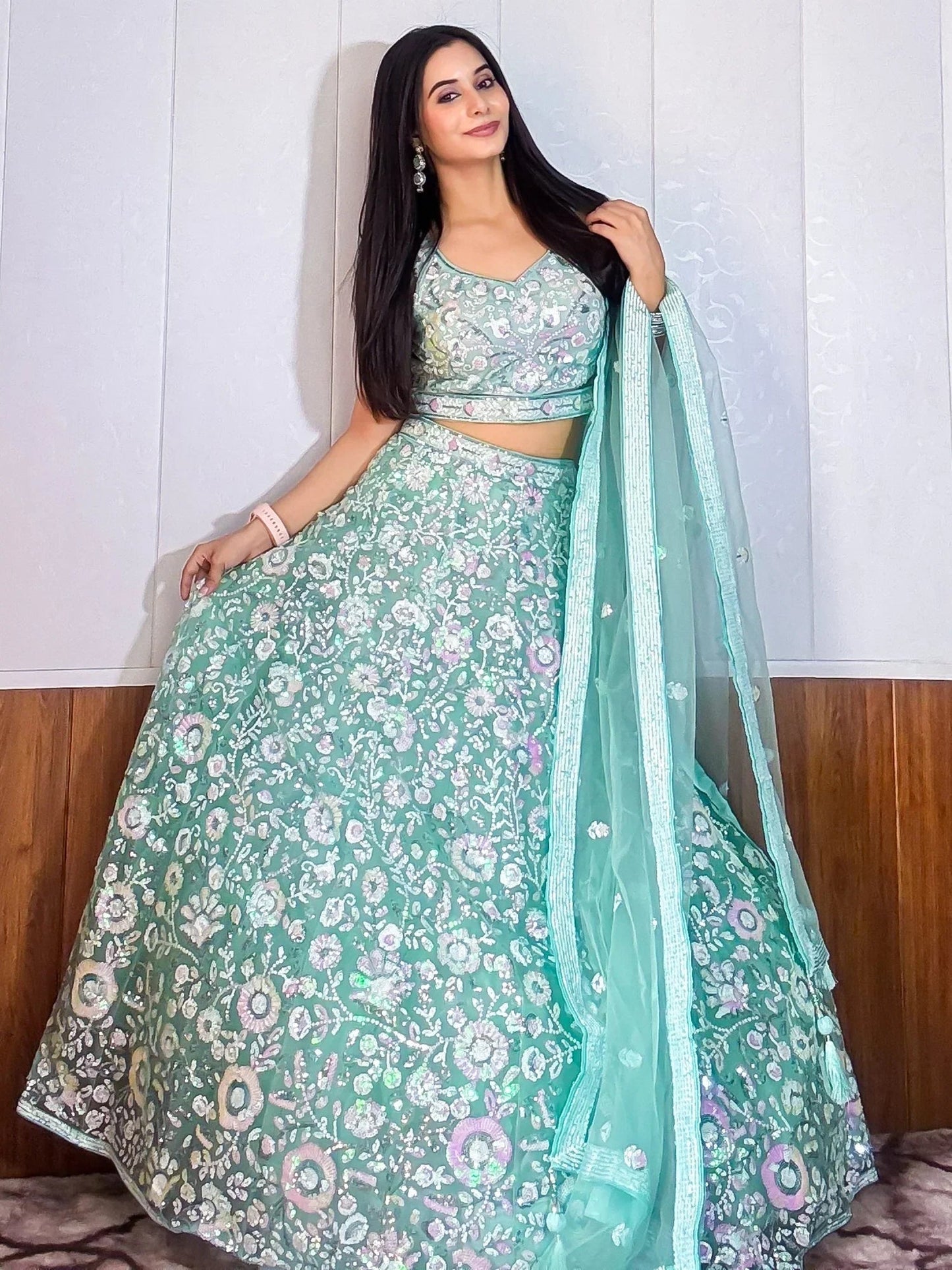Mesmerizing Sky-Blue Sequins Net Party Wear Lehenga Choli With Dupatta