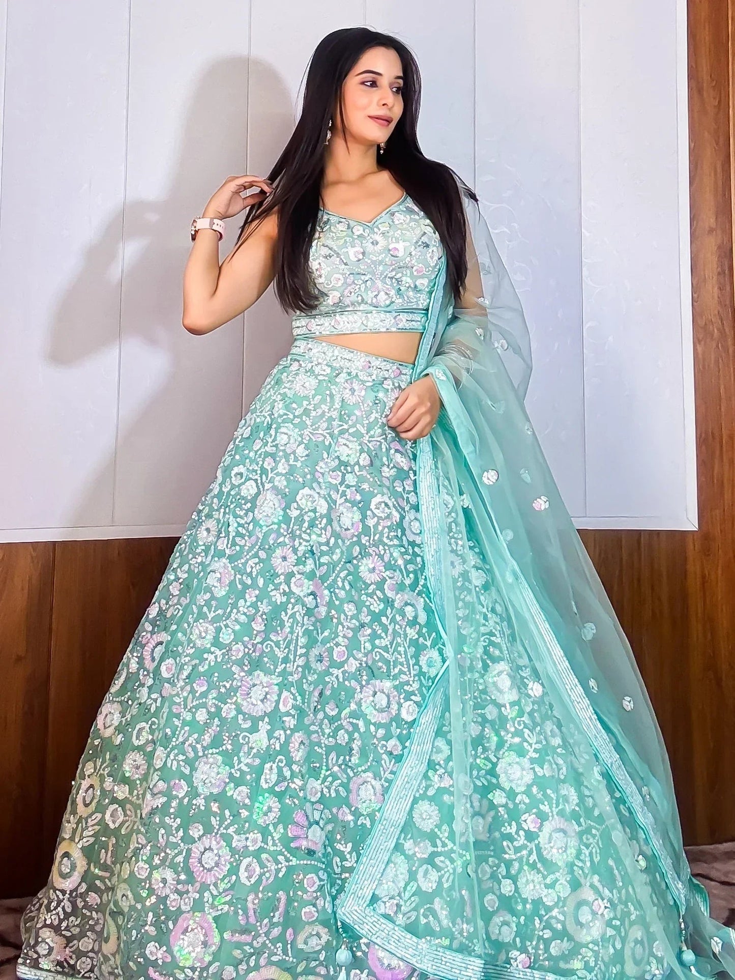 Mesmerizing Sky-Blue Sequins Net Party Wear Lehenga Choli With Dupatta