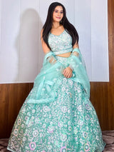 Mesmerizing Sky-Blue Sequins Net Party Wear Lehenga Choli With Dupatta