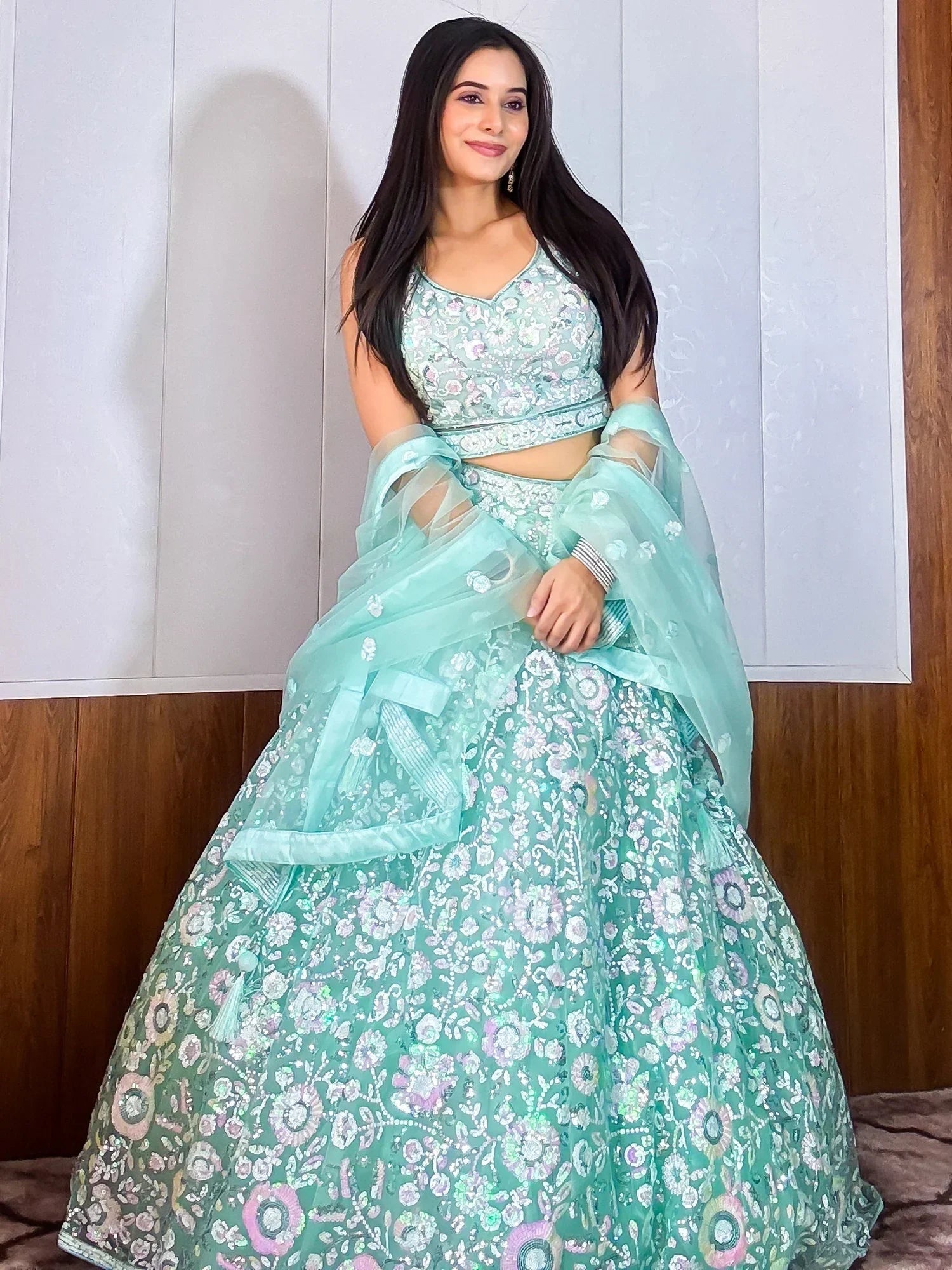 Mesmerizing Sky-Blue Sequins Net Party Wear Lehenga Choli With Dupatta