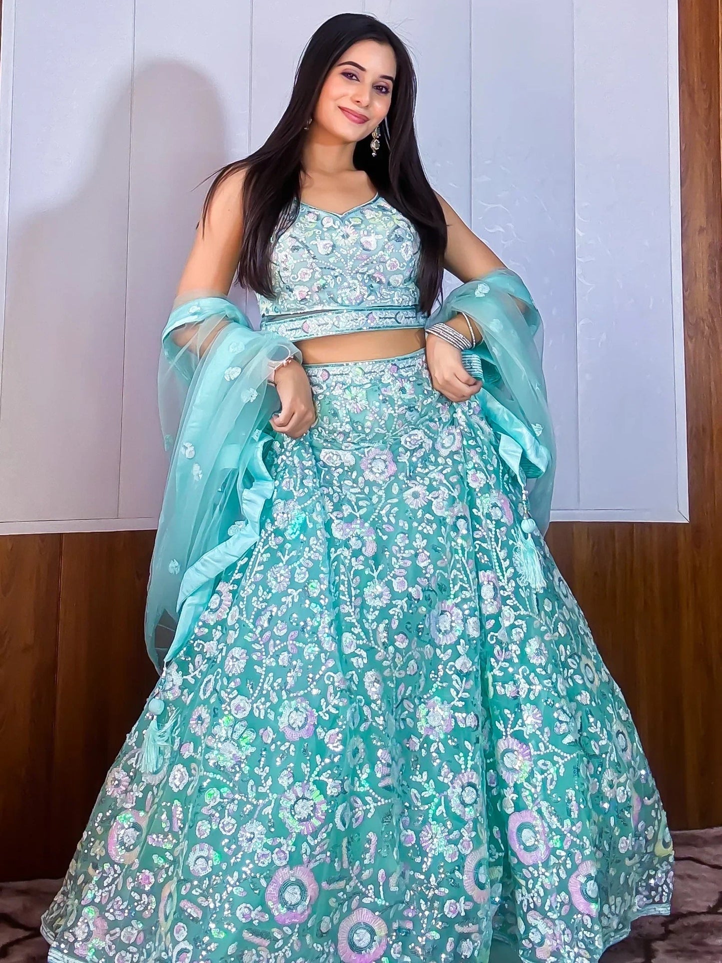 Mesmerizing Sky-Blue Sequins Net Party Wear Lehenga Choli With Dupatta