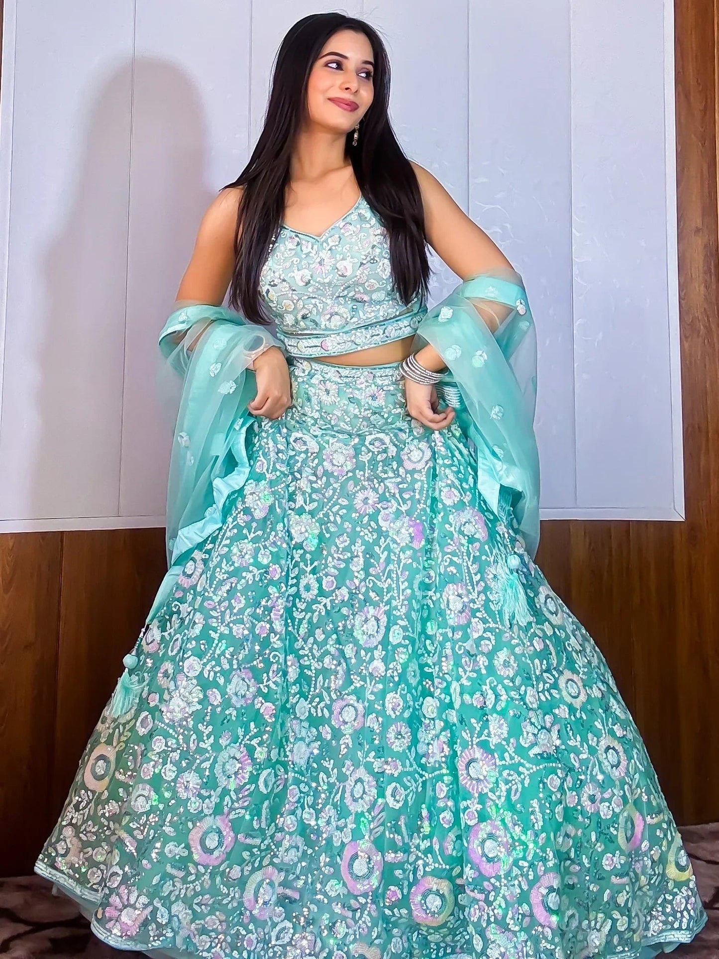 Mesmerizing Sky-Blue Sequins Net Party Wear Lehenga Choli With Dupatta