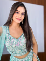 Mesmerizing Sky-Blue Sequins Net Party Wear Lehenga Choli With Dupatta