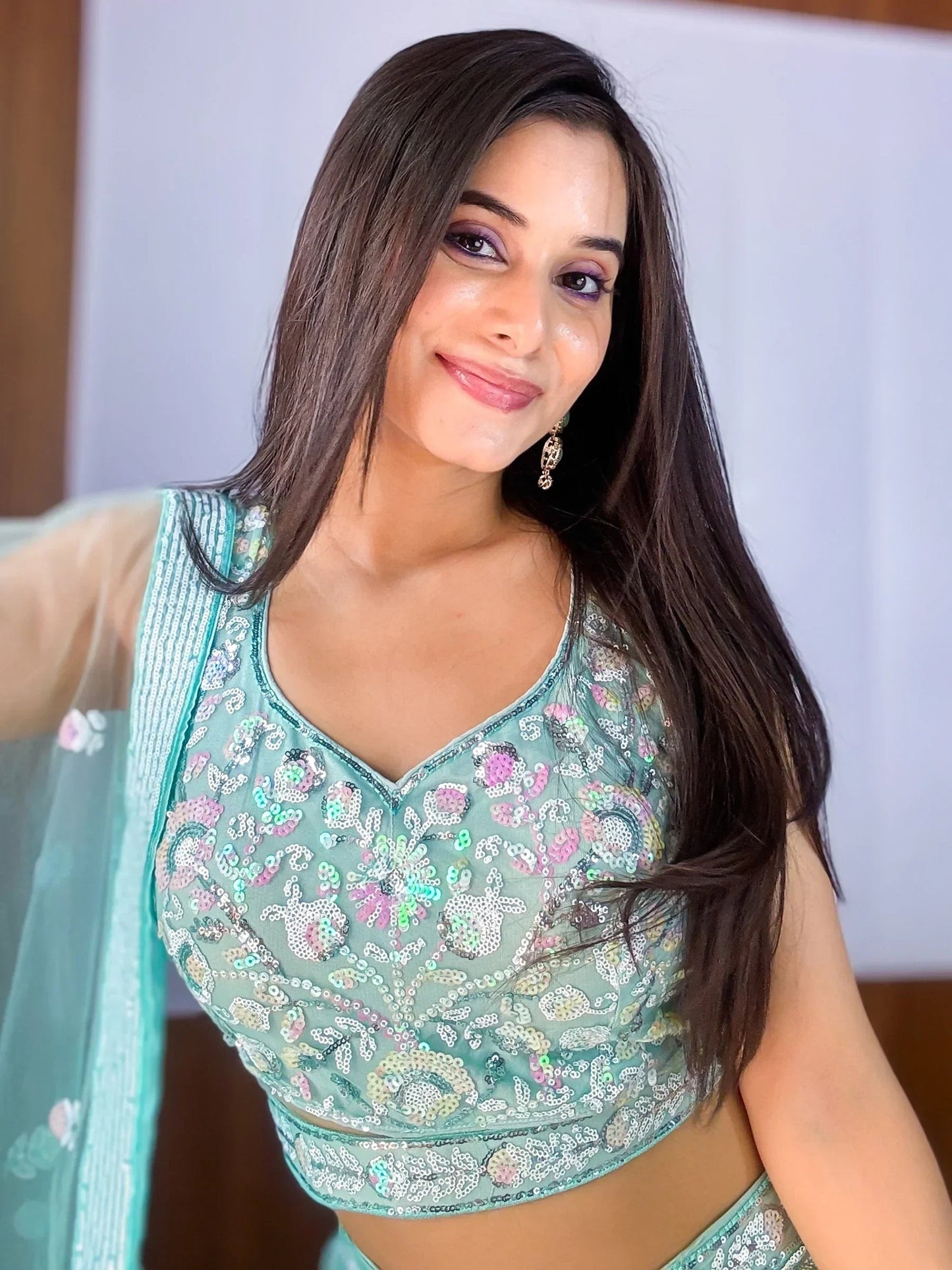 Mesmerizing Sky-Blue Sequins Net Party Wear Lehenga Choli With Dupatta