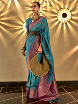 Mesmerizing Teal Blue Woven Silk Designer Saree With Blouse