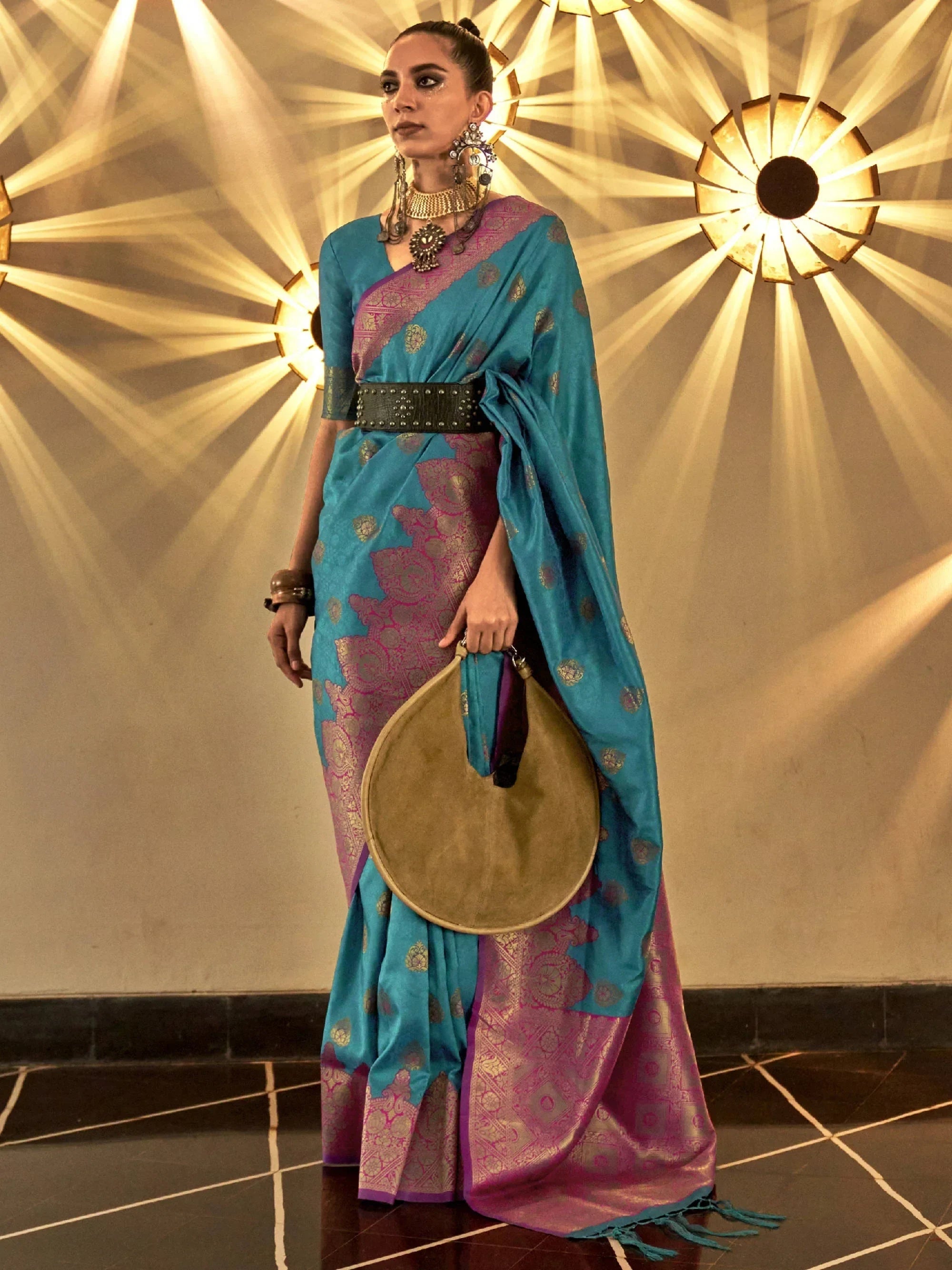 Mesmerizing Teal Blue Woven Silk Designer Saree With Blouse