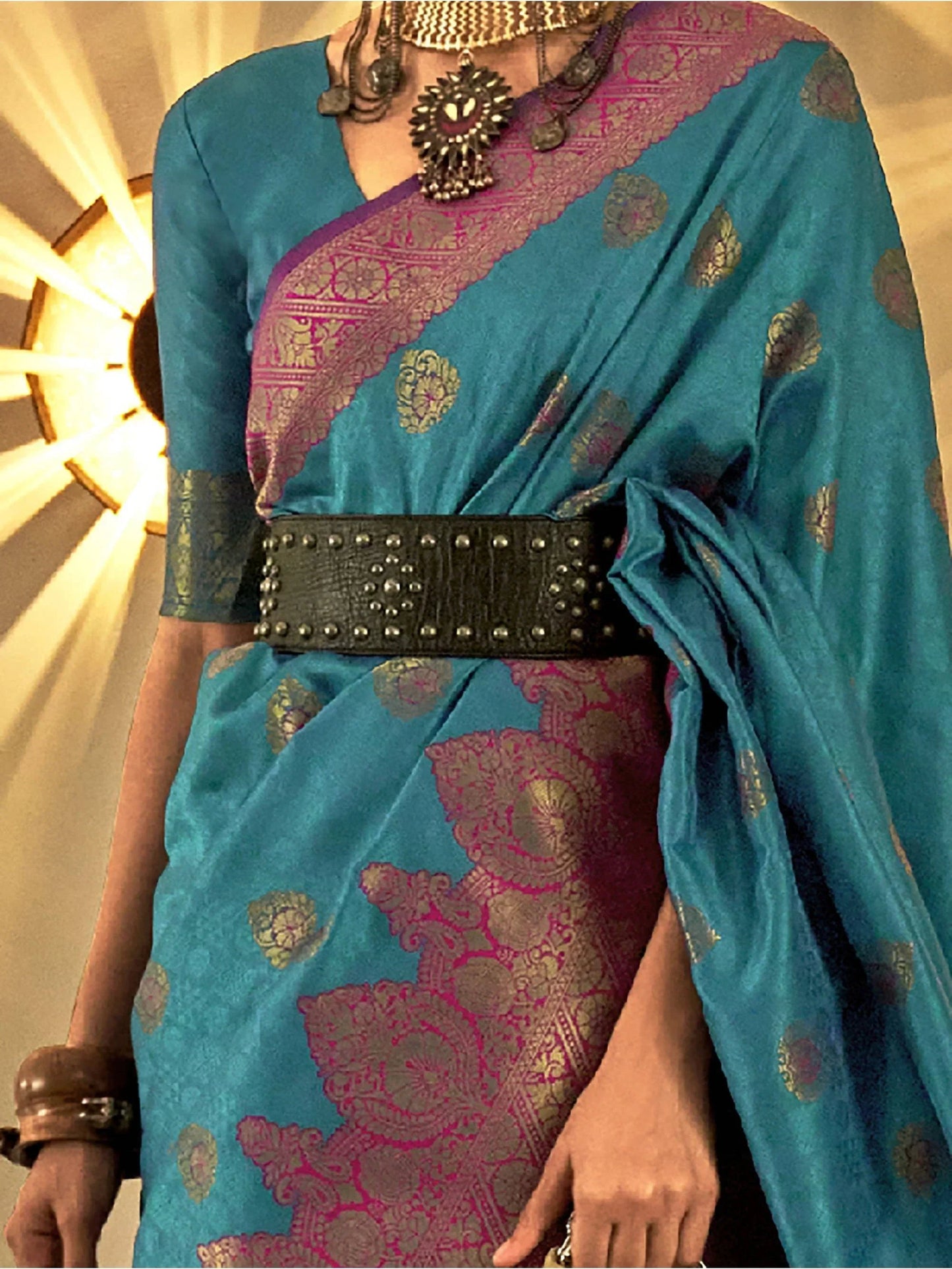 Mesmerizing Teal Blue Woven Silk Designer Saree With Blouse