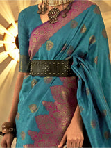 Mesmerizing Teal Blue Woven Silk Designer Saree With Blouse