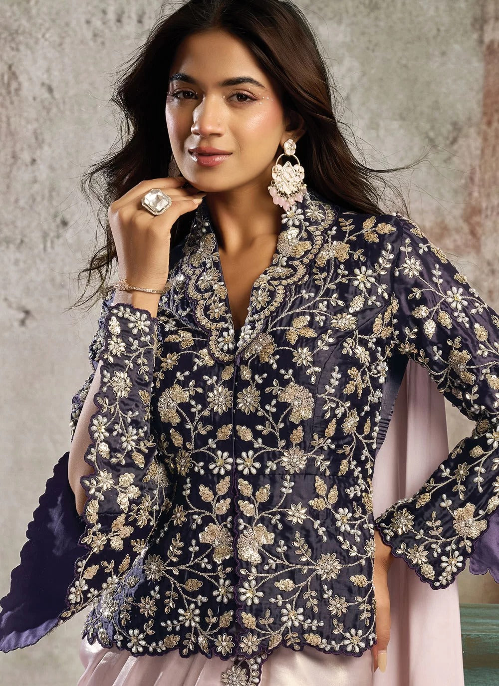 Cream purple metallic satin ready to wear saree with stone work blazer blouse