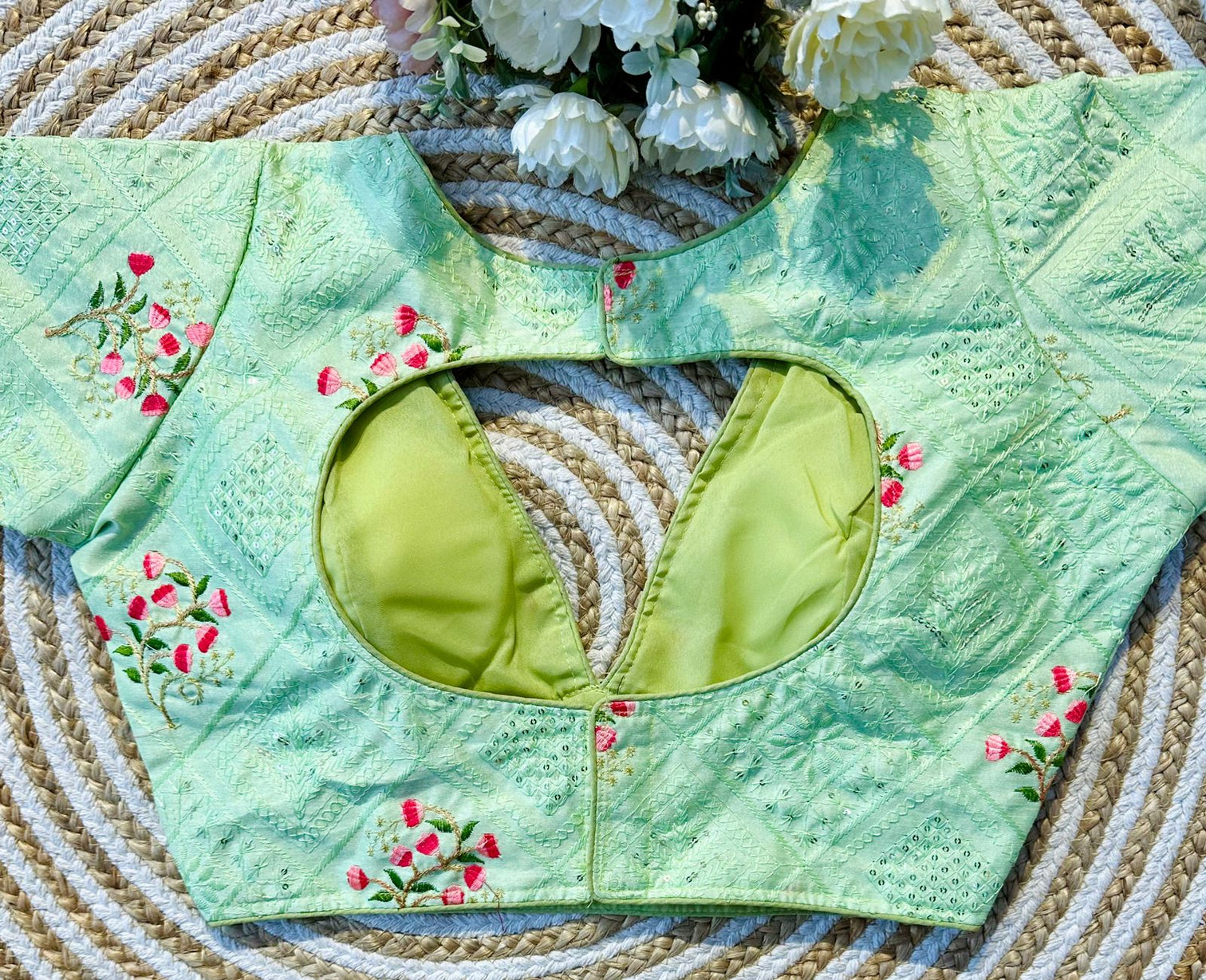 Mint Green Blooming Silk Blouse with Sequins and Tone-on-Tone Thread Work