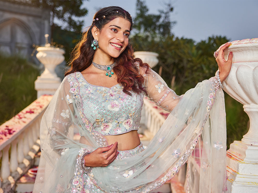 Mint Green Double Sequin Embroidered Net Lehenga Choli Dupatta Set with Mirror & Thread Work