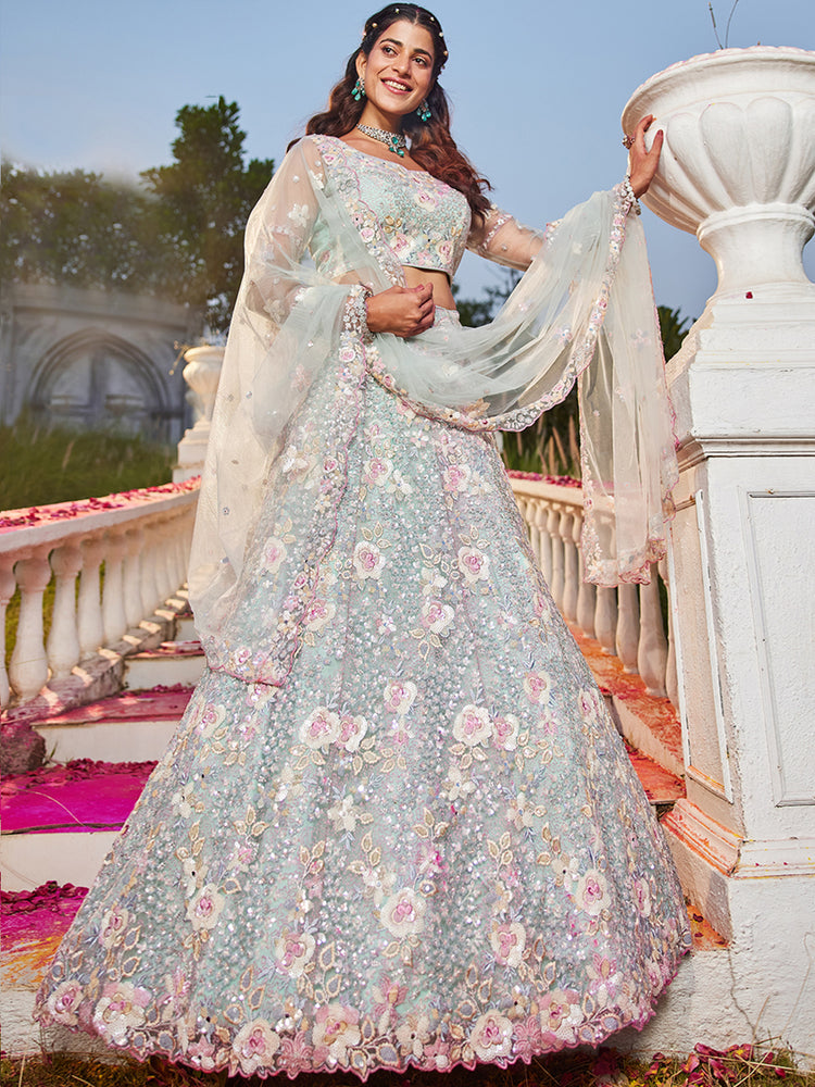 Mint Green Double Sequin Embroidered Net Lehenga Choli Dupatta Set with Mirror & Thread Work